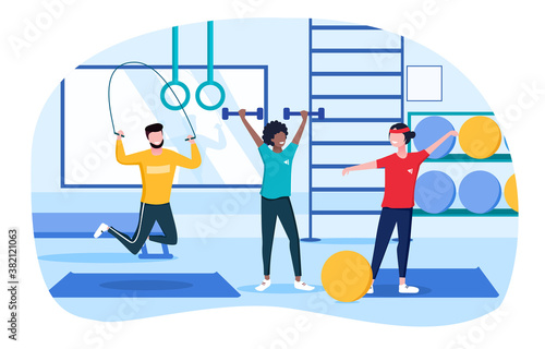 A group of diverse young people training in the gym. A girl stretching, guy jumping on a rope, and the other girl is lifting dumbbells. Flat cartoon colored vector illustration