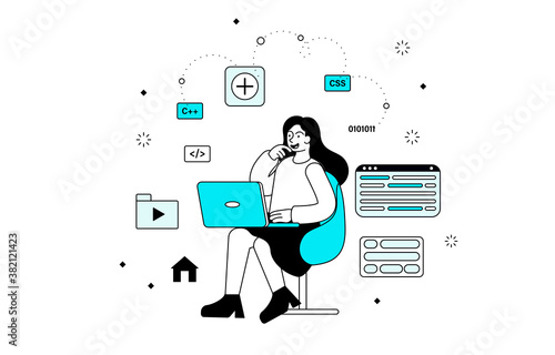 A young girl creating websites on her laptop sorrounded with different programming icons and simbol. Vector illustration