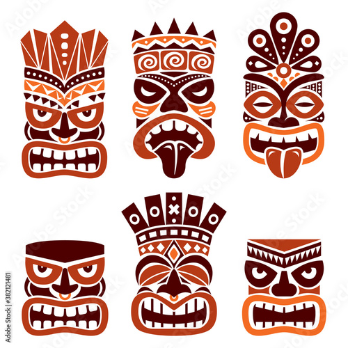 Hawaiian and Polynesia Tiki head totem vector design set- tribal folk art in brown on white background
