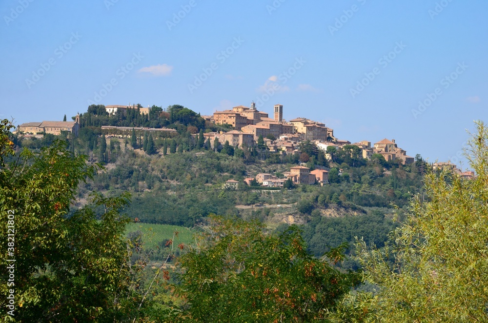 Medieval hill town Montepulciano in Tuscany, Italy, panoramic view, autumn landscape
