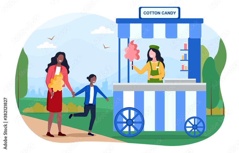 Mom and daughter buying cotton candy from a street vendor at a fair. Mom and daughter buying cotton candy from a street vendor at a fair.