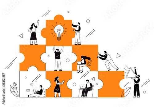 The concept of joint teamwork, building a business team. Vector illustration of working characters, people connecting pieces of puzzles. Metaphor of cooperation and business partnership.
