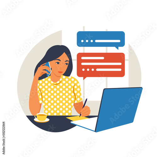 A woman works on a laptop computer and talks on the phone sitting at a table at home with a Cup of coffee and papers. Vector illustration. Flat.