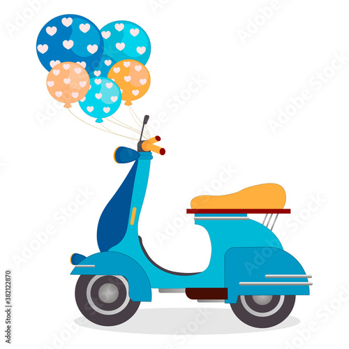 A blue motorbike with balloons . Vector illustration isolated on a white background. Perfect for greeting cards, party invitations, posters, stickers, pin, scrapbooking, icons.