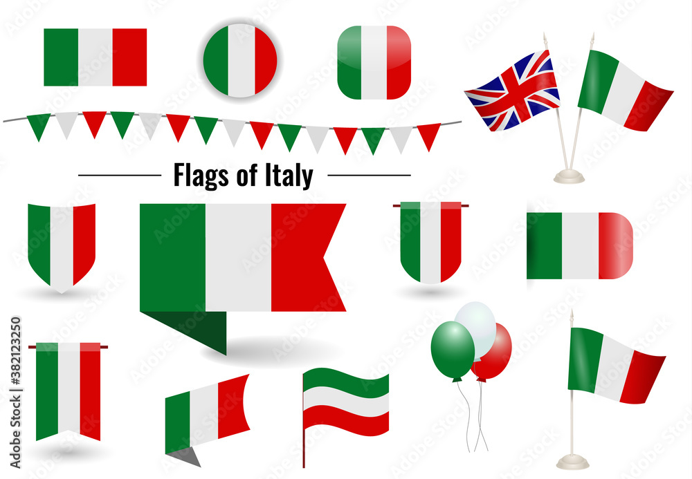A large set of icons and signs with the flag of the Italy. Square and round italian flag. Collection of different types of horizontal and vertical. A large set of icons and signs with the flag of the Italy. Square and round italian flag. Collection of different types of horizontal and vertical.