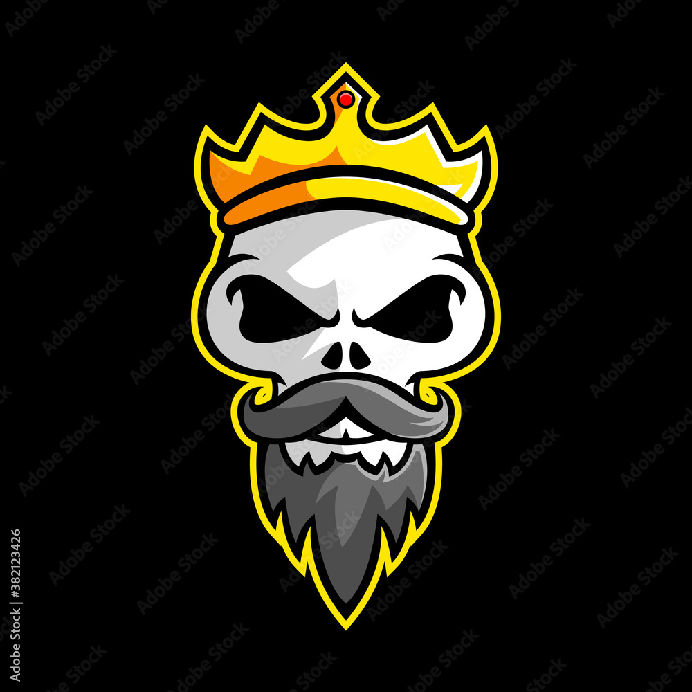 Vector logo skull head esport gold crown with mustache in black background