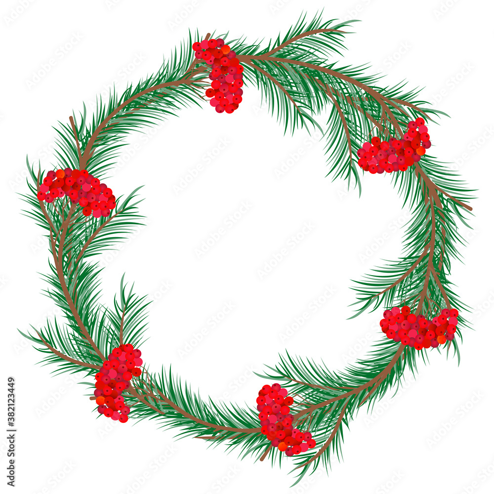 Merry Christmas wreath. Green pine twigs and red berries. Vector illustration. Nature design greeting card template. Winter holidays. Merry Christmas wreath. Green pine twigs and red berries. Vector illustration. Nature design greeting card template. Winter holidays.