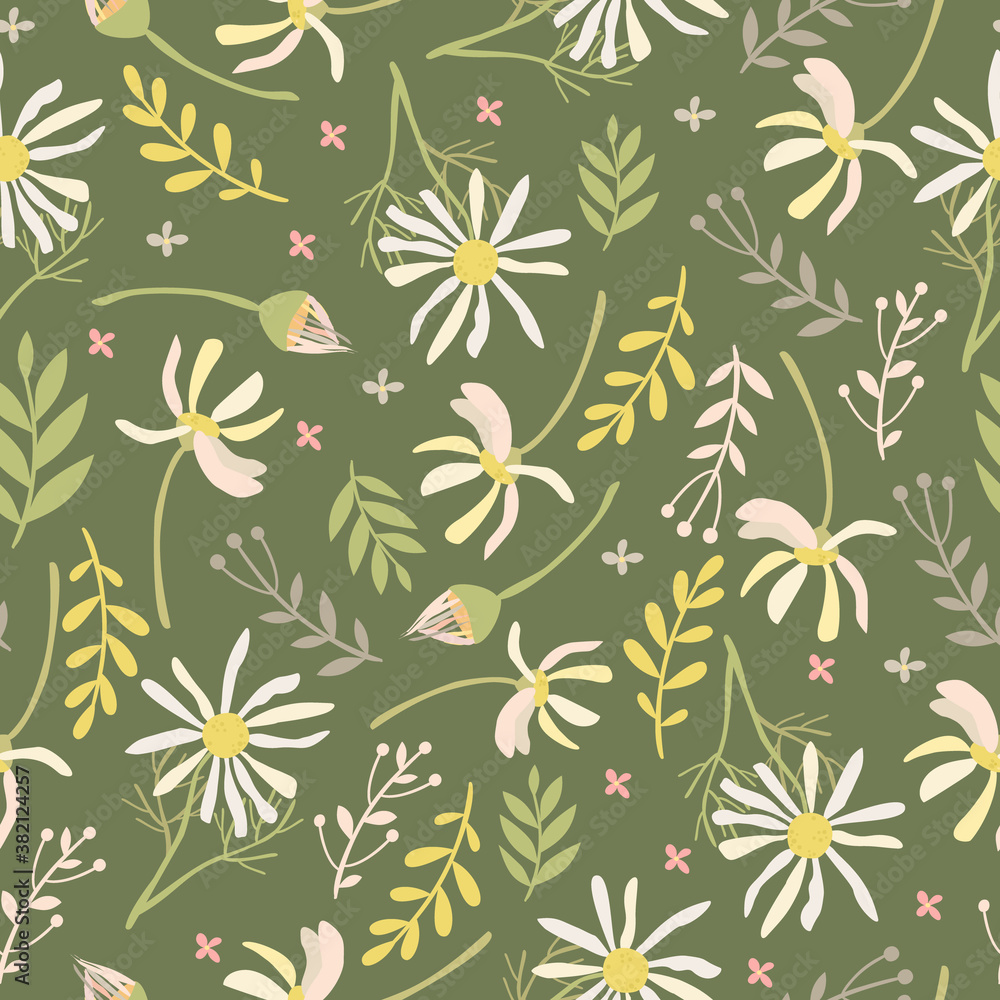 vector seamless pattern with chamomile, green background. print for textiles and flower packaging vector seamless pattern with chamomile, green background. print for textiles and flower packaging
