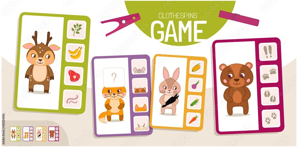 Fototapeta premium Educational game for children. Toddler Activity Clothespins Cards. 
