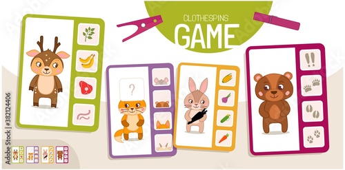 Educational  game for children. Toddler Activity Clothespins Cards. 