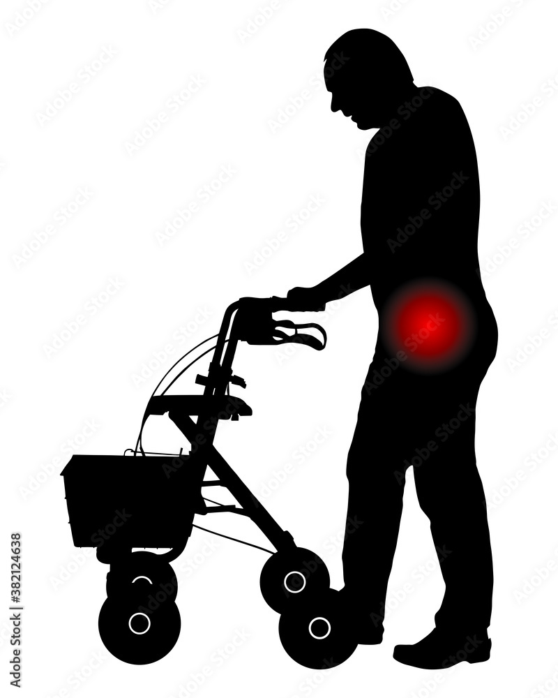Mann mit Hüftschmerzen und Rollator Mann mit Hüftschmerzen und Rollator
