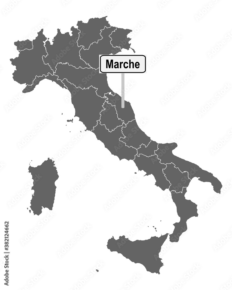 Landkarte von Italien mit Ortsschild von Marche