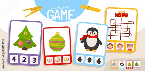 Educational  game for children. Toddler Activity Clothespins Cards. 