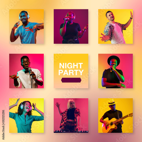Bright portrait of people on multicolored background. Collage made of 8 models. Concept of human emotions, facial expression, advertising. Happy, smiling, cheerful, successful. Diversity. Night party