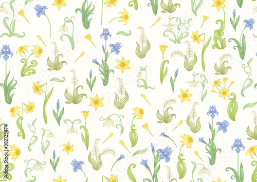 Seamless pattern  background with spring flowers in vintage  retro  art nouveau style. Vector illustration. Isolated on black background.