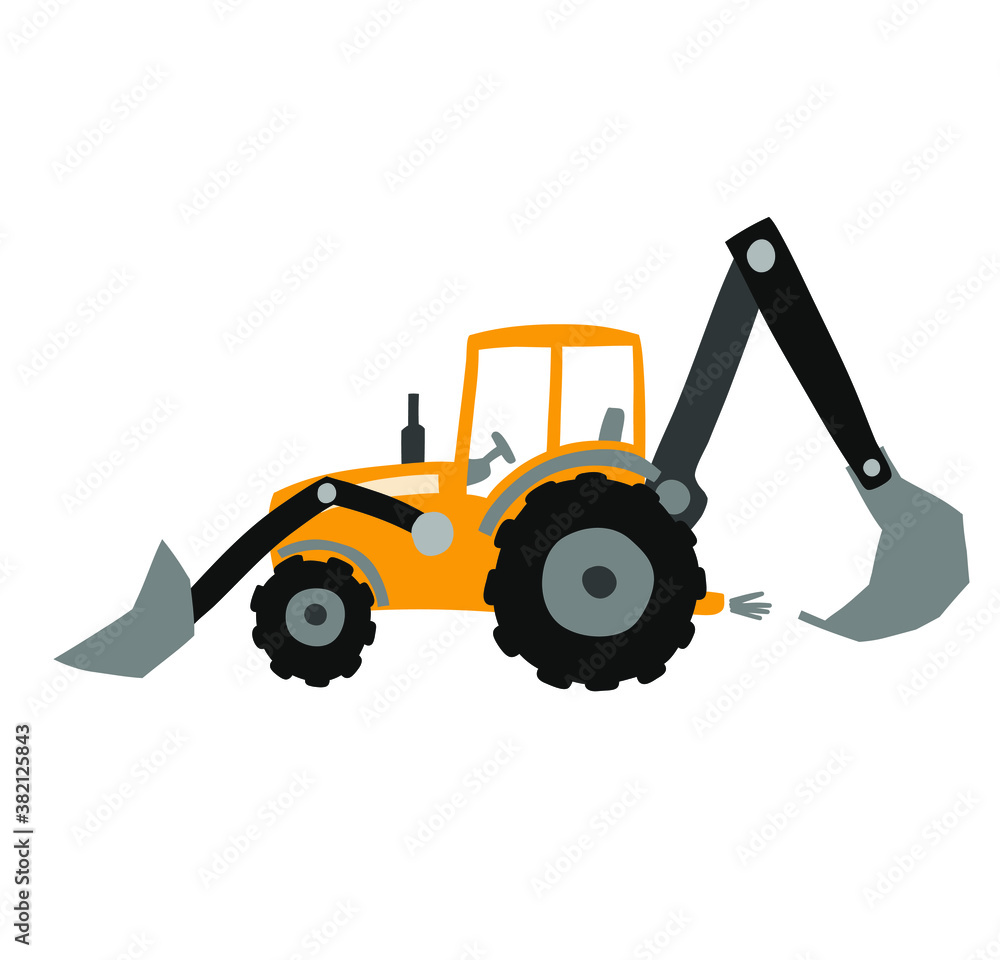 Fototapeta premium Vector illustration of a yellow tractor. Excavator, bulldozer and tractor. Cute stylized tractor. Village, farm. Construction.