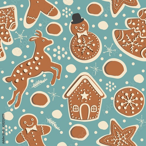 Cute Winter Seamless Pattern with gingerbread cookies.
