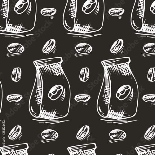 Coffee doodle pattern. Seamless picture on a white background. Vector illustration.