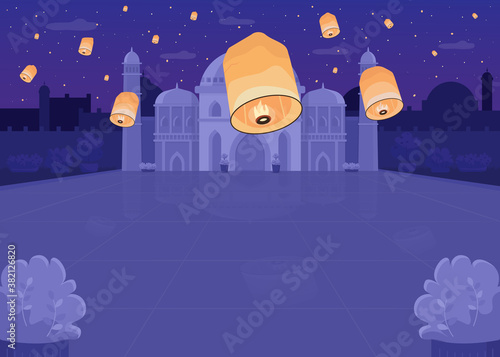 Lantern festival flat color vector illustration. Religious Hindu fest in public area. Spiritual holiday celebration with flying lights. Nighttime 2D cartoon cityscape with Taj Mahal on background