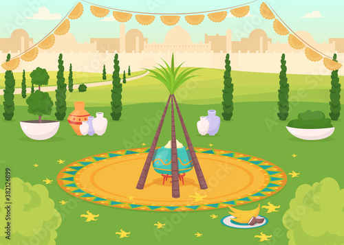Festive meal in public park flat color vector illustration. Traditional Hindu holiday dinner. Religious event. Punjabi celebration. Indian 2D cartoon landscape with cityscape on background