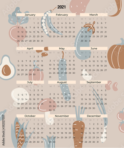 Modern vector calendar for 2021 with vegetables, herbs and mushrooms of unusual colors. Flat strict cadendary form for 12 months with days of the week. Calendar template for time management.