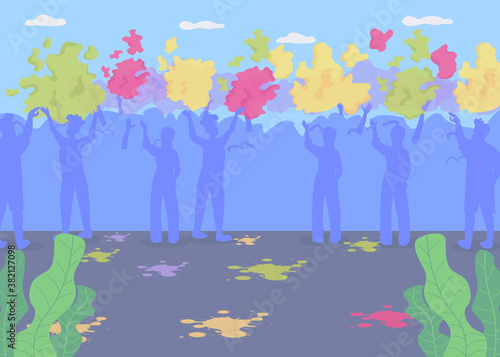 Crowd on Holi party flat color vector illustration. Traditional Indian holiday celebration. Hindu festival of colors. Splash of powder paint. Urban 2D cartoon cityscape with people on background