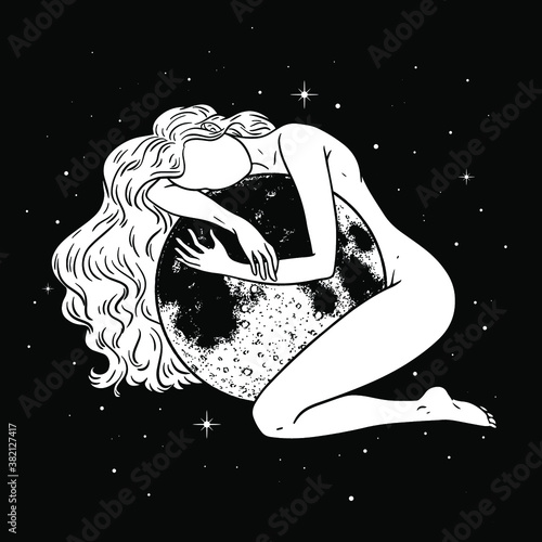 Beautiful woman hugging full moon, magic theme, goddess symbol. Vector illustration