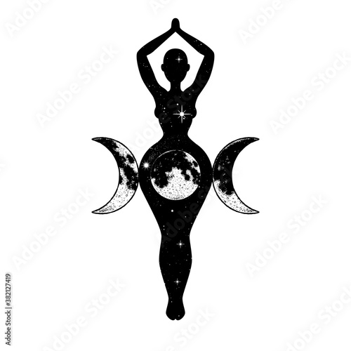 Triple Goddess, beautiful woman figure respresenting moon cycles, Wiccan traditional symbol. Vector illustration photo