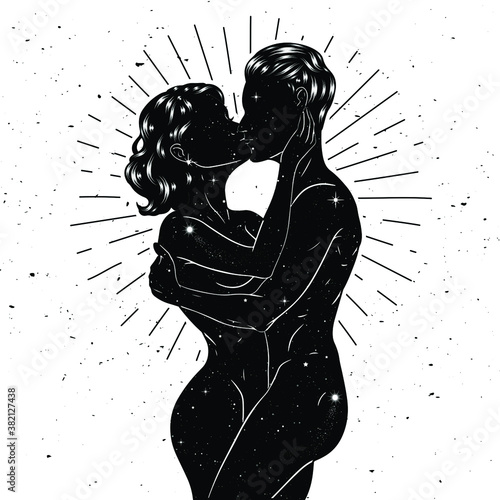 Woman and man kissing, beautiful sensual couple in love on space background. Vector illustration