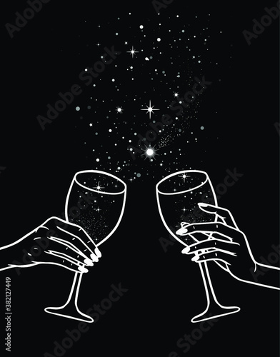 Cheers, girls drinking, hands with wine glasses and space stars potion, vector illustration