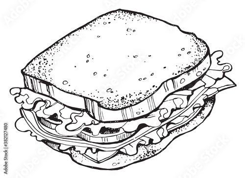 hand draw line art illustration, food, sandwich from bread, cucumbers, herbs, sause, salad