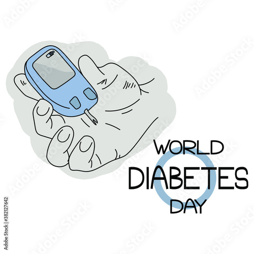 World Diabetes Day, Schematic representation of a human hand with a blood glucose meter, diabetes symbol blue circle and a thematic inscription