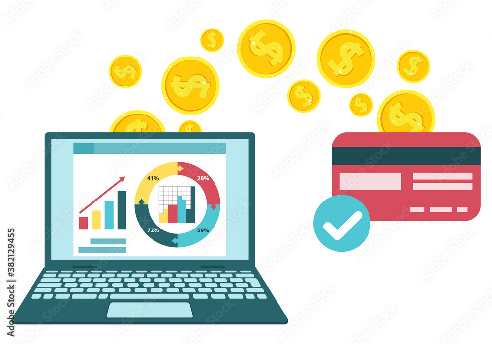 Transaction. Money transfer from laptop to wallet. Vector, cartoon illustration. Transaction. Money transfer from laptop to wallet. Vector, cartoon illustration.
