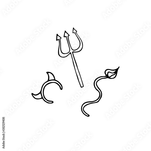 Halloween accessories doodle set. Outline devils look detail. Hand drawn horns, trident, tail isolated on white background. Outfit demon symbol of childrens autumn themed holidays, costume for rent