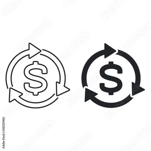 Convert dollar line and glyph icon. Dollar exchange with recycle arrow for transaction, money back for convert, refund, investment. Reinvesment. Vector illustration. Design on white background. EPS 10