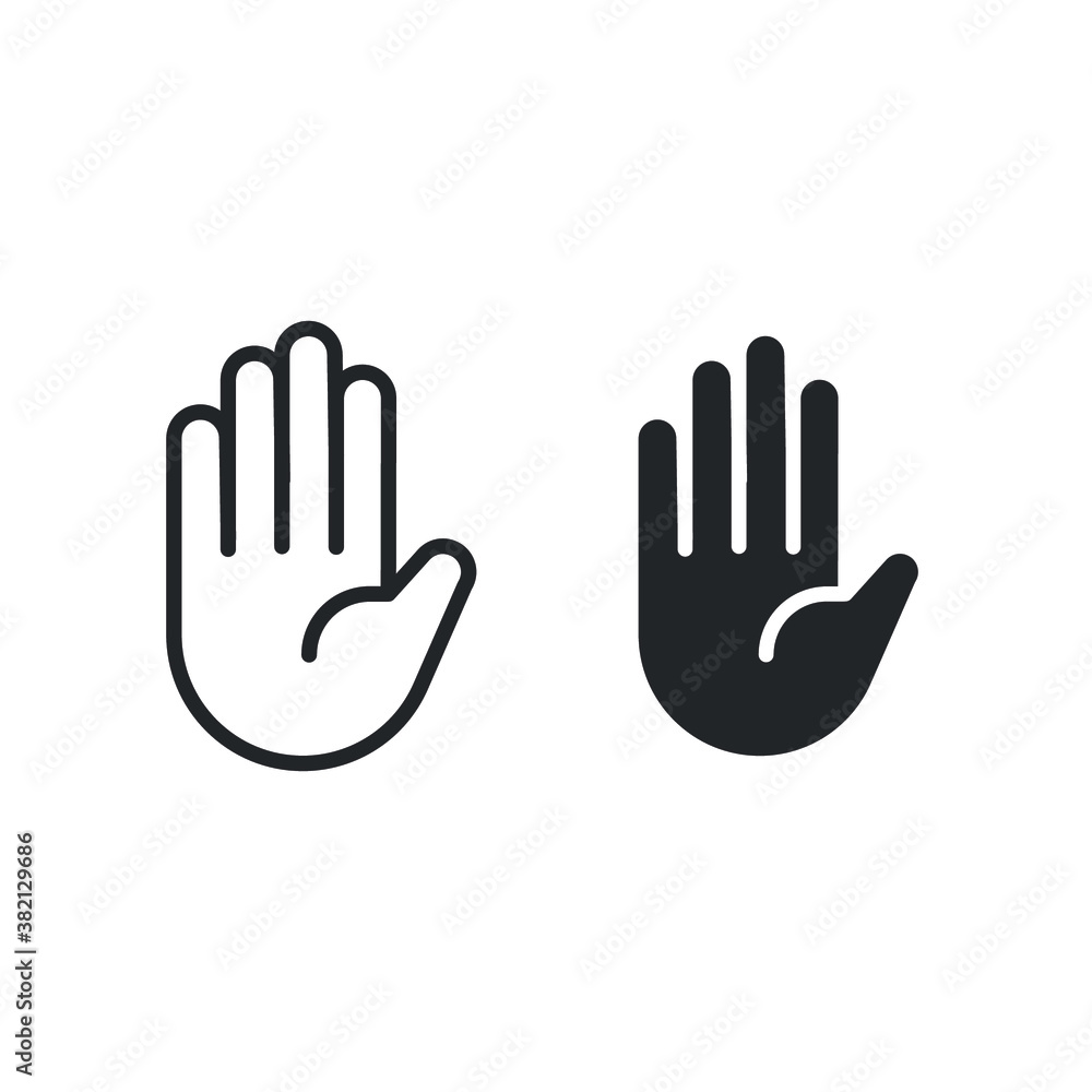 Hand line and glyph icon. Silhouette Hand palm stop sign. Five Fingers symbol for forbidden ban sign. outline and solid style. Vector illustration. Design on white background. EPS 10 Hand line and glyph icon. Silhouette Hand palm stop sign. Five Fingers symbol for forbidden ban sign. outline and solid style. Vector illustration. Design on white background. EPS 10