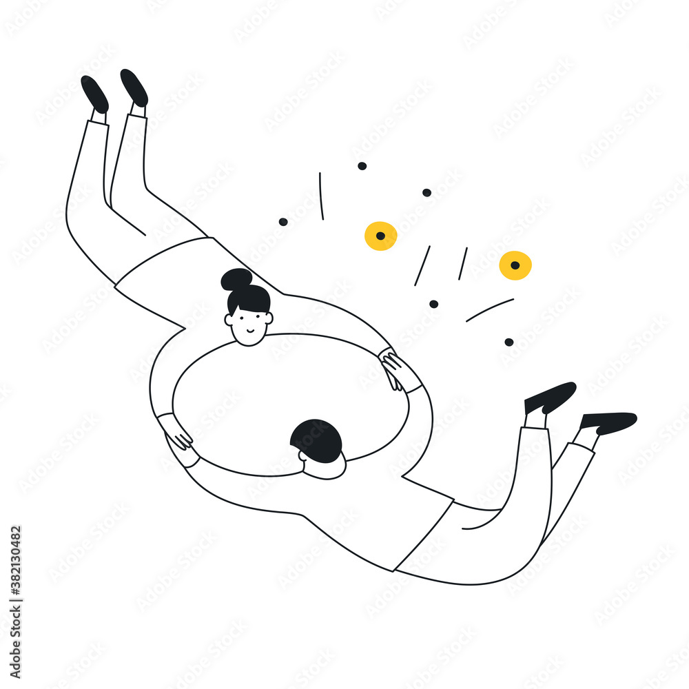 Fototapeta Outline cartoon people falling together holding hands. Synchronization, team risk, family, help each other and trust concept. Clean line vector illustration on white