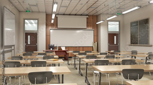 Modern classroom . High school. 3d illustration