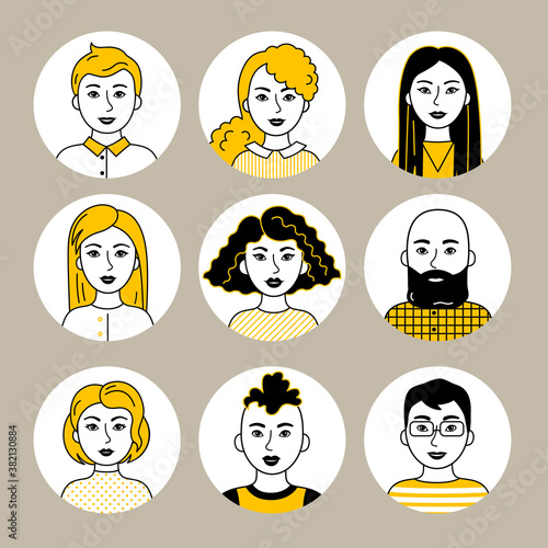 Men and women of different nations, black and orange colors. Asian, European, African people, cartoon simple portraits. Multiethnic society. Collection of avatars. Set of vector flat pictograms.
