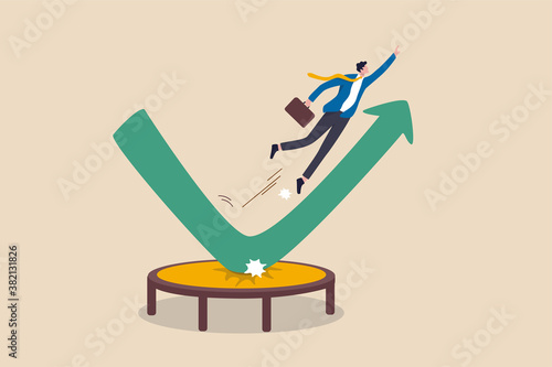Stock market rebound, overcome business down fall and grow up profit or leadership and achievement concept, businessman jump bouncing high on trampoline with green rising up performance arrow graph.