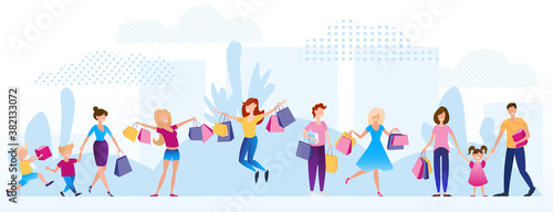 Set of happy people with a purchase. Sale. Shopping flat banner template.