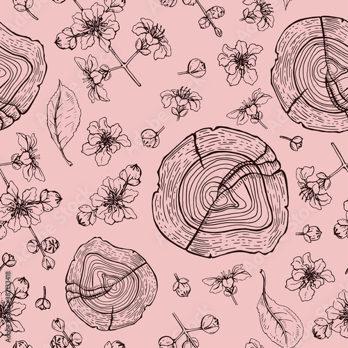 Seamless Pattern with cut of a Rosewood and twigs with flowers and buds . Detailed hand-drawn sketches, vector botanical illustration.