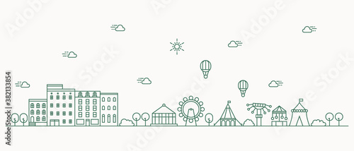 Urban landscape with a thin line style. Cityscape flat line design. Vector illustration.