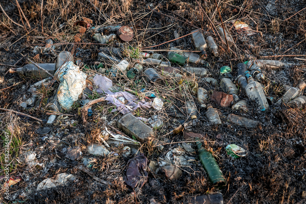 bottles and other rubbish in the burnt grass