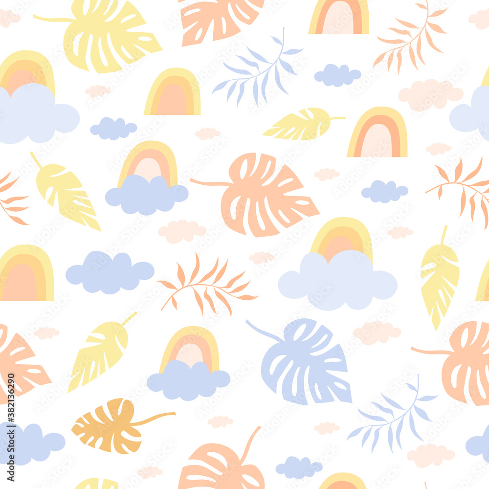 delicate pastel tropical pattern with palm leaves and rainbow