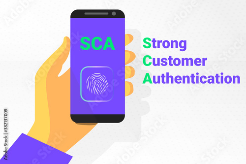 SCA - Strong Customer Authentication. Vector illustration. secret identification by fingerprint