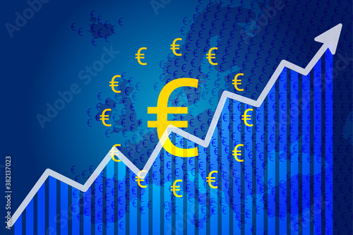 The growth of the Euro. Euro icon on European Union - EU flag background. Europe map background. Vector illustration