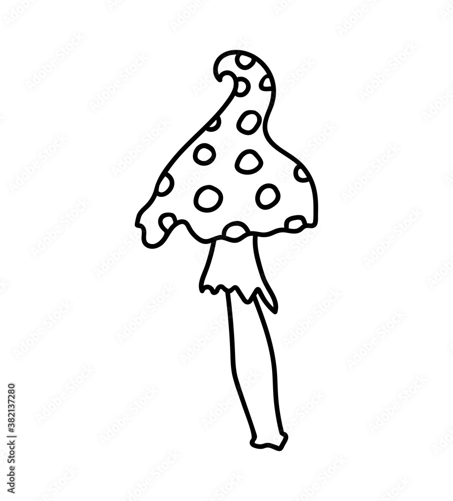 Cartoon contour fungus is isolated on a white background. Mushroom on a long leg with a yubue and a hat with spots. Cartoon contour fungus is isolated on a white background. Mushroom on a long leg with a yubue and a hat with spots.