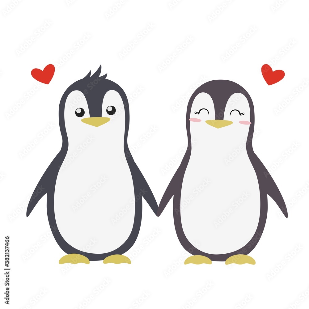 Fototapeta premium Two cute penguins in love. Bird couple and heart. Vector illustration in flat style.