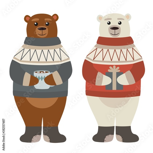 Cartoon bears in sweater. Animal characters with gift and cup of cocoa. Vector illustration.